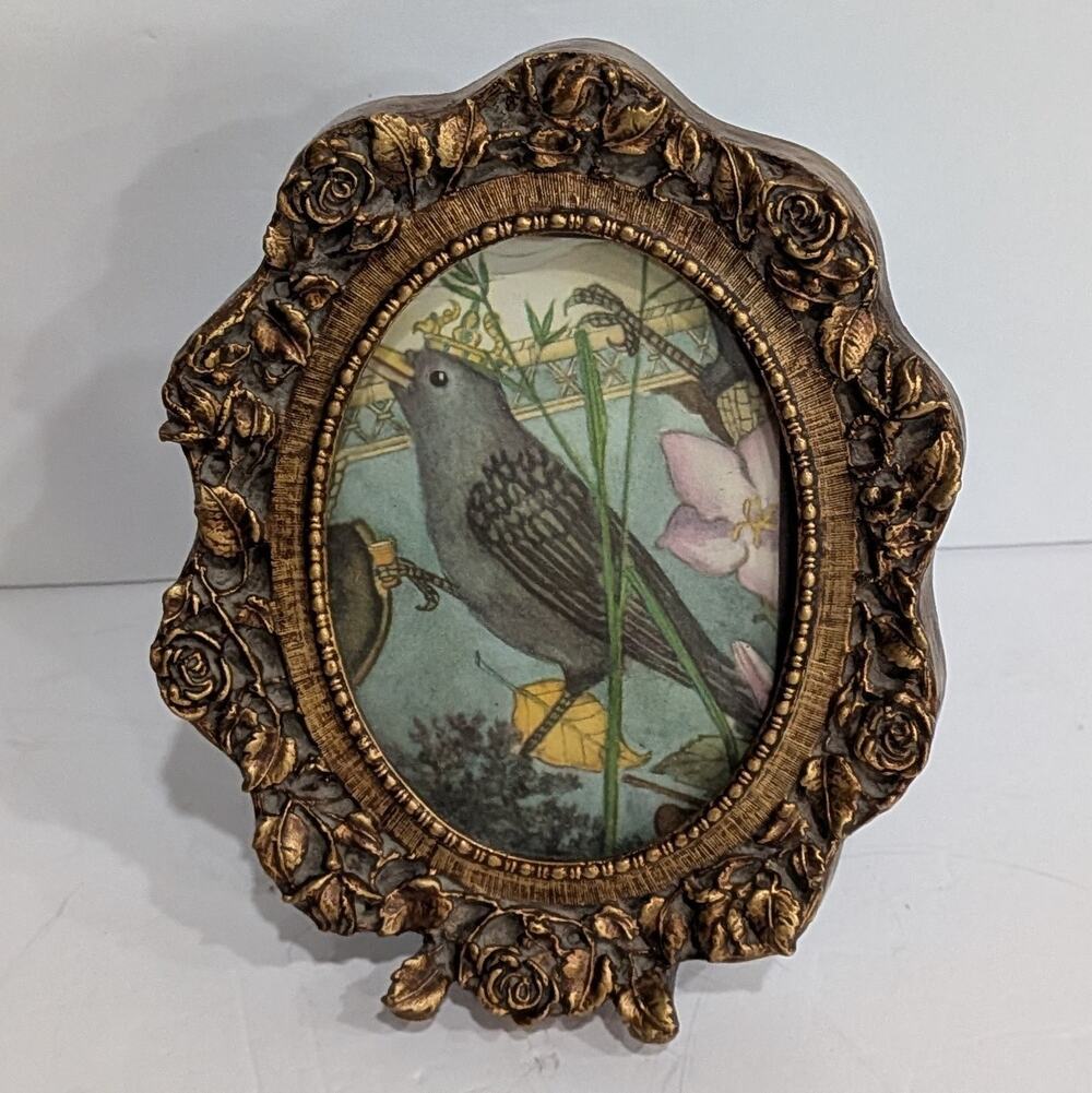 VTG Adrienne Segur Bird Art Ornate Gold Rose Oval Frame Cottagecore Fairy Tale